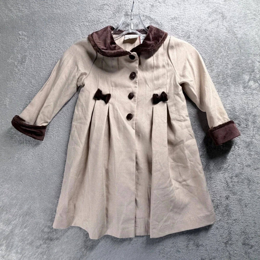 Little Bitty Girls Dress Coat 4T Velvet Trim Holiday Princess Jacket Beige Brown